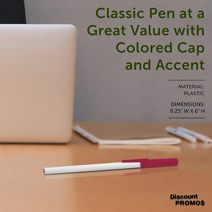 DISCOUNT PROMOS Value Stick Pens Set of 10, Bulk Pack - Blue Ink, Great for Office, School, Business, Tradeshows, Events - Burgundy Cap