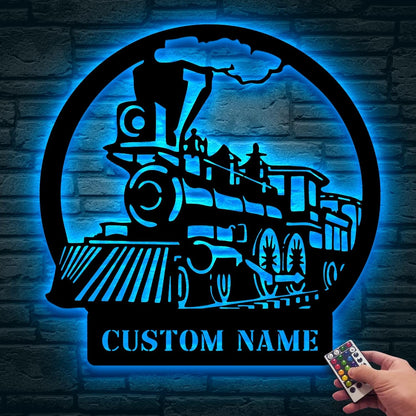 Personalized Metal Sign With LED Light, Train Room Decor, Railroad Wall Art, Custom Steam Train Home Decoration