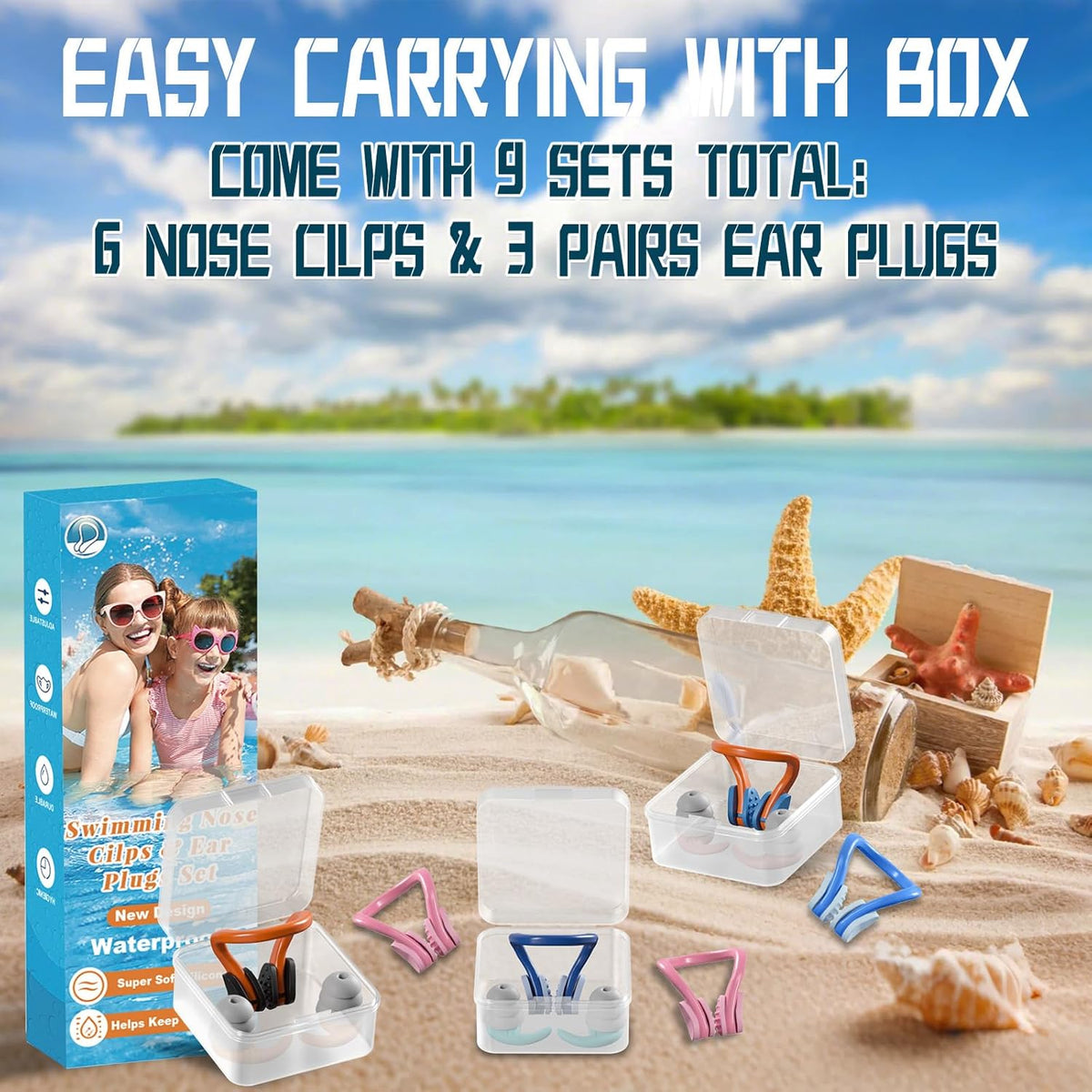 Swimming Nose Clip Ear Plugs - 9 Packs Silicone Swim Nose Plugs with Earplugs for Kids,Waterproof Pool Nose Plug for Diving Surfing and Other Water Sports with Storage Box,Multi-Color