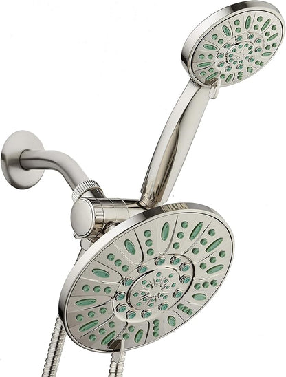 AquaDance Antimicrobial/Anti-Clog High-Pressure 30-setting Rainfall Shower Combo, Microban Nozzle Protection from Growth of Mold, Mildew & Bacteria, Brushed Nickel Finish/Coral Green Jets