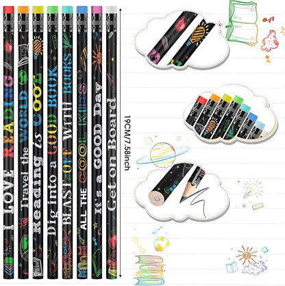 Pasimy 600 Pcs Reading Motivational Pencils Bulk Black Novelty Wooden Pencils with Eraser Classroom Inspirational Pen with Sayings for Kids Student Teacher School Reward Gifts Stationery Party