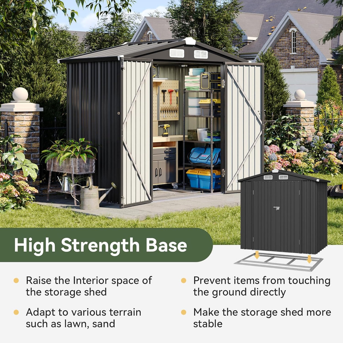 Aoxun 6x3.9 FT Shed with Base Metal Outdoor Storage Shed Garden Shed with Lockable Doors Tool Shed Bike Shed for Backyard, Patio, Poolside (Black)