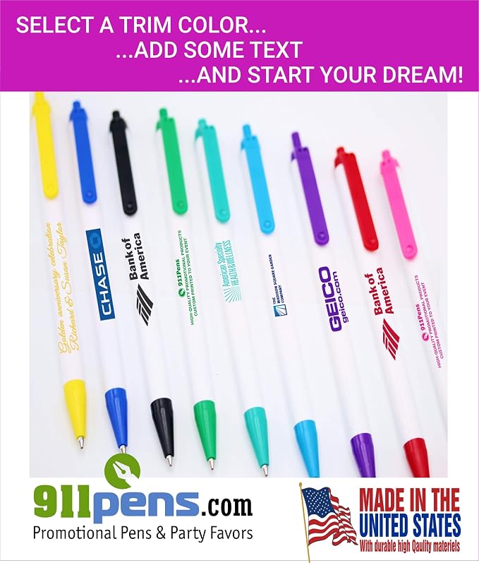 USA Made, Personalized Writing Ink Ballpoint Novelty Pens, Custom Printed with Your Logo & Text (Pack of 500 White Pens with Light Blue Trim)