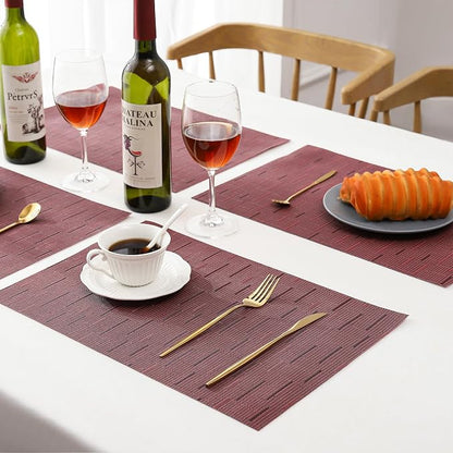 Leetaltree Burgundy Placemats Set of 12 - Heat Resistant Non-Slip Place mats for Dining Table, Washable Durable PVC Vinyl Woven Table Mats（Burgundy, 12）