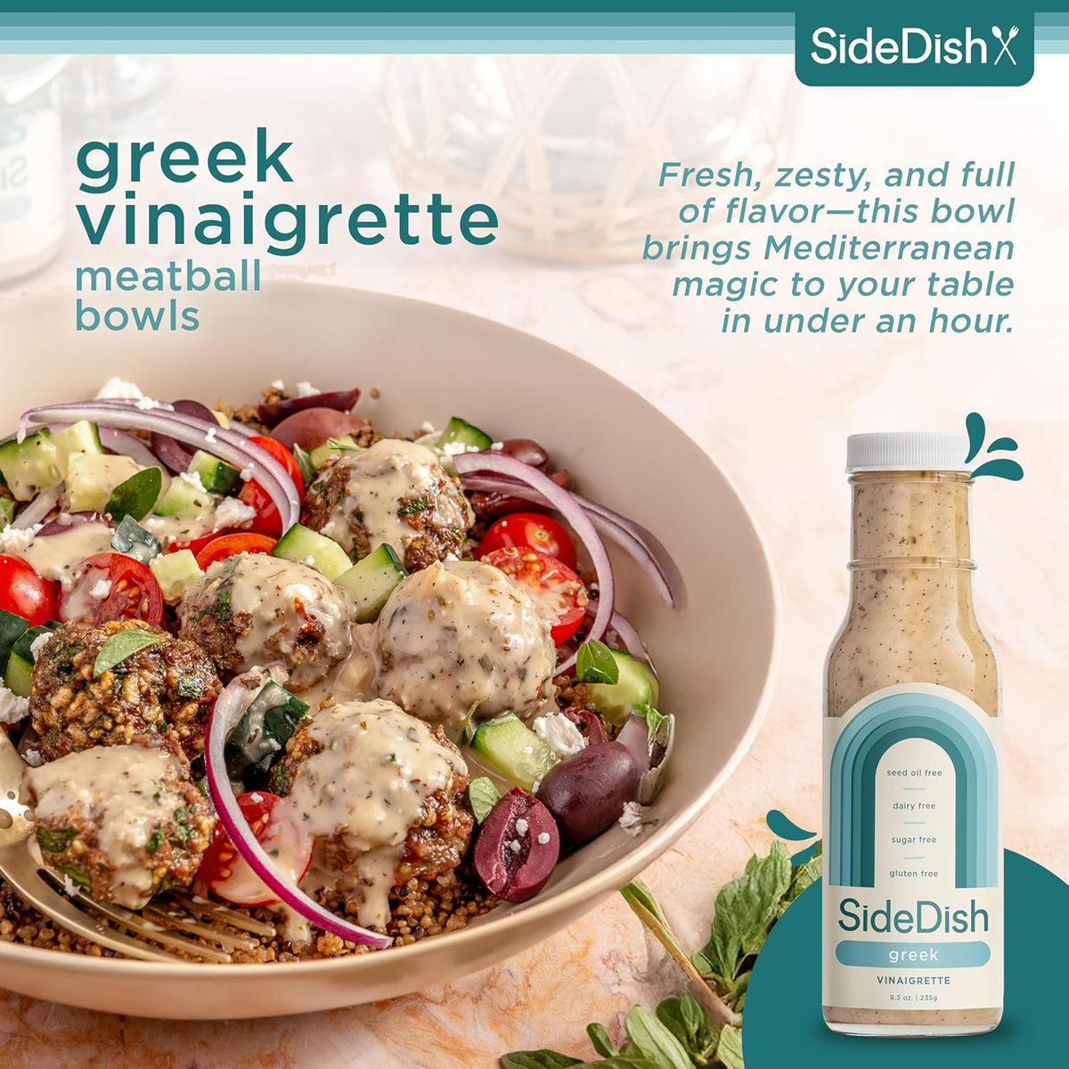 SideDish Zesty Greek Vinaigrette (Pack of 3) - Seed Oil, Dairy & Gluten Free Salad Dressing w/Avocado Oil - Refined Sugar Free, Healthy Greek Salad Dressing - Balsamic Paleo Marinade for Dips, Spread