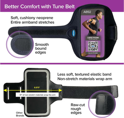 Tune Belt AB92 Cell Phone Armband for Running - Fits iPhone 16/15/14/13 Pro Max, Plus, Samsung Galaxy Ultra/Plus/Note and Large Phones with Protective Cases, Sweat-Resistant Exercise Holder (Black)