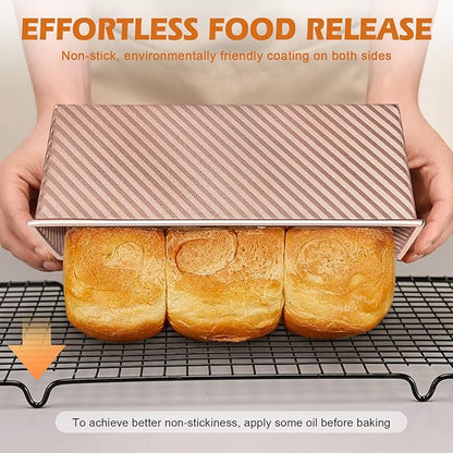 2Pack Pullman Loaf Pans with Lids – 2.2 LB & 1 LB Dough Capacity, Non-Stick Carbon Steel Bread Pans for Homemade Sandwich and Sourdough Bread, Corrugated Toast Mold