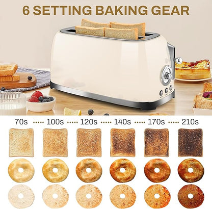 SUSTEAS Toaster 4 Slice Wide Slot, Stainless Steel Bread Bagel Toasters, Retro Long Slot Tostadora for Defrost, Reheat, Removable Crumb Tray, 1500W, 6 Browning Settings, Beige