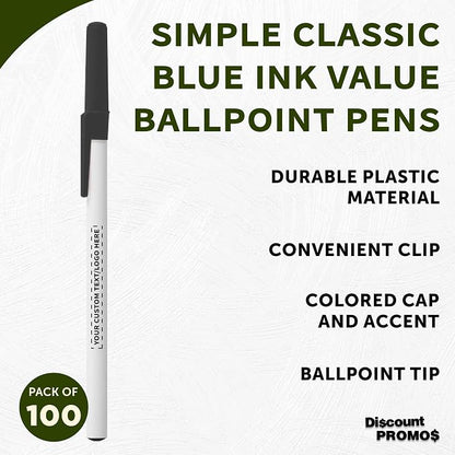 DISCOUNT PROMOS Custom Value Stick Pens Set of 100, Personalized Bulk Pack - Blue Ink, Great for Office, School, Business, Tradeshows, Events - Black Cap