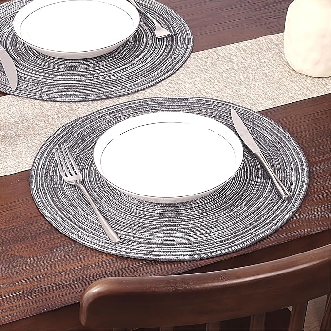 SHACOS Round Braided Placemats Set of 8 Round Table Mats for Dining Tables Non Slip Washable (Black Grey, 8)