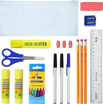 Moda West 48 Pack Bulk School Supplies 22 Piece Kit - Essential Box of School Supplies Kit with Pens, Pencils, Crayons, and More for Elementary, Middle, and High School Students