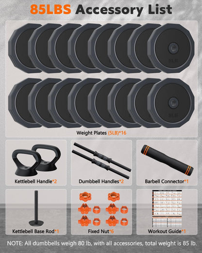 Adjustable Dumbbells Set, 45/65/85 lbs Free Weight Set with Connector, 4 in1 Dumbbells Set for Home Gym Workout