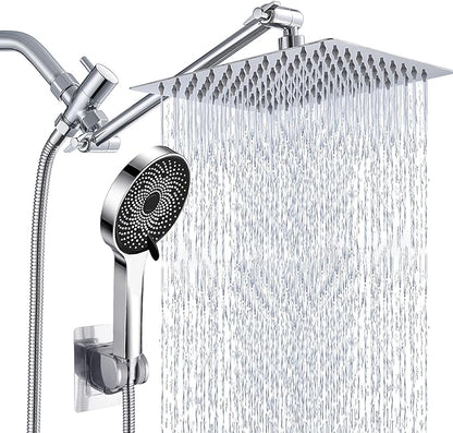 Shower Head,10”Rain Shower Head with Handheld Spray Combo and Adjustable Extension Arm/3-Way Flow Regulator/Shower System,High Pressure Rain Fall Hose,Chrome