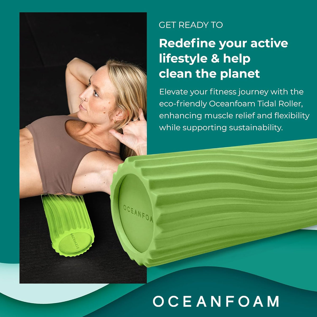 Oceanfoam Tidal Roller - Algae Green - Muscle Massage Foam Roller for Back Pain & Stretching - Firm and Ergonomic Wide Wave Textured - Yoga, Athletics, & Wellness - Full Size, 20" x 5"