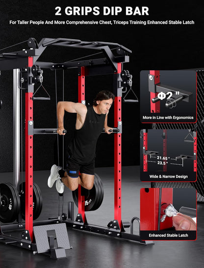 YOLEO Smooth Dual Pulley System Power Cage, 1600LBS Adjustable Cable Crossover Power Rack, Multi-Functional Squat Rack for Home Gym with More Training Attachment