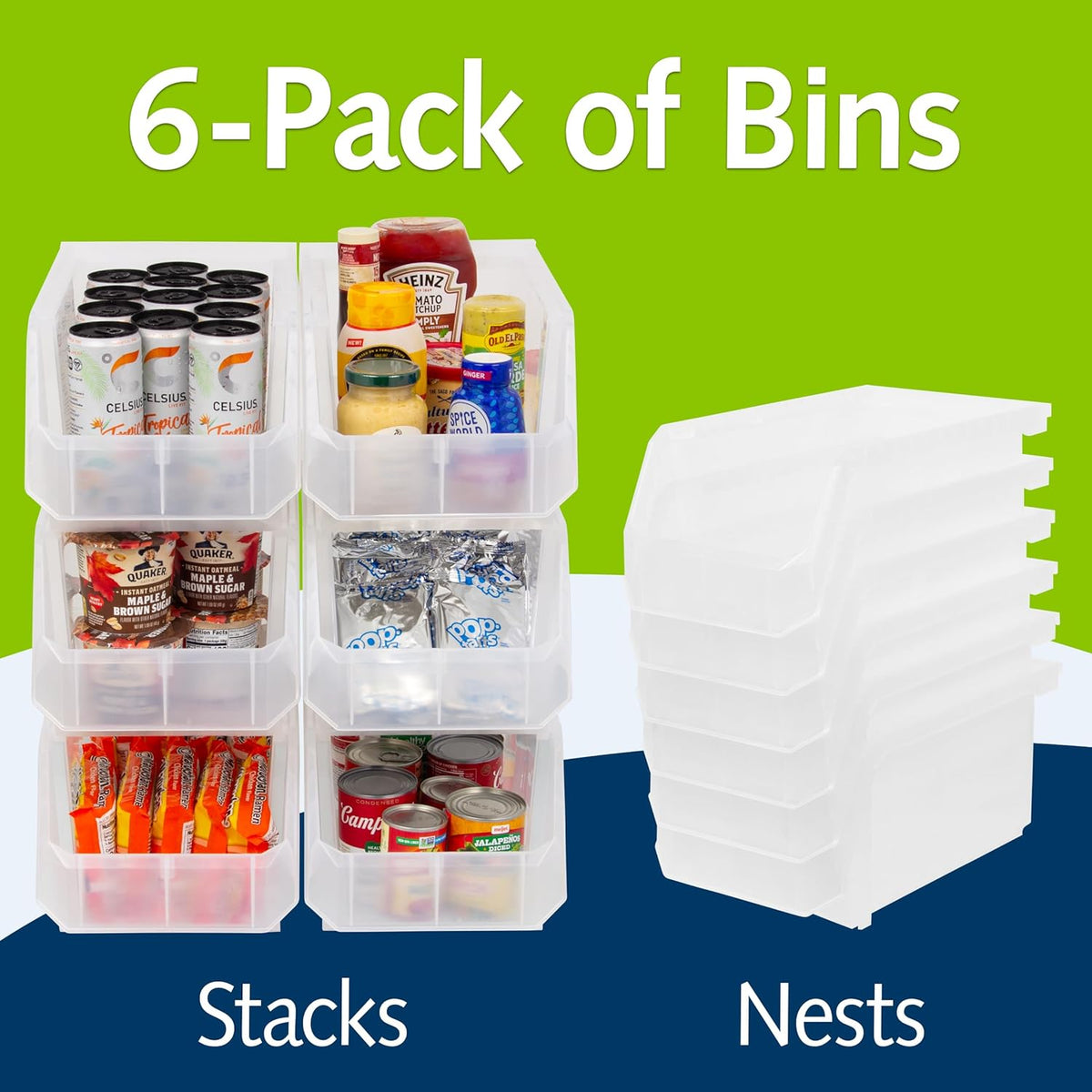 Plastic Containers for Organizing and Storage Bins for Closet, Kitchen, Office, Garage or Pantry Organization, Stackable Bins, Large (14.8" x 8" x 7"), 6-Pack, Clear