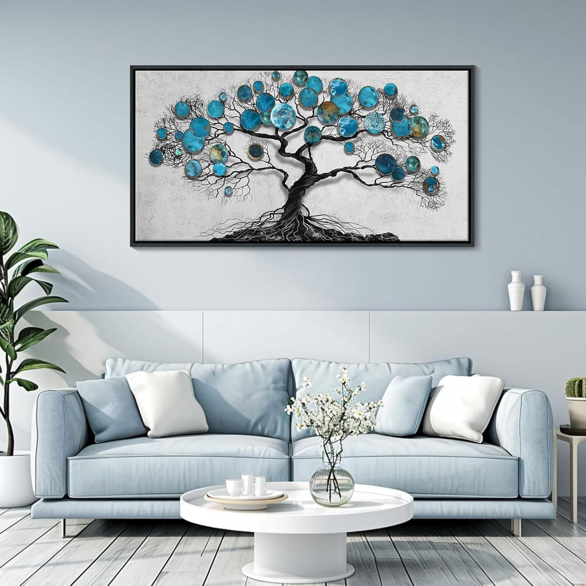 CHATYOUNG Living Room Wall Art - Tenacious Tree of Life Teal Blue Leaves Theme Large Paintings Canvas Framed Wall Picture for Office Bedroom Kitchen Office Home Decor 40"x20"