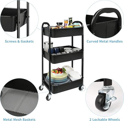 3-Tier Rolling Utility Cart with Caster Wheels,Easy Assembly, for Kitchen, Bathroom (Black)