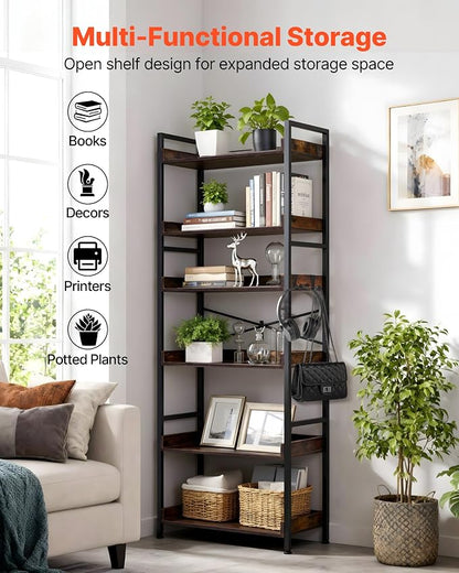 VEVOR Industrial Bookshelf, 6-Tier, Vintage Ladder Shelf Bookshelves and Bookcases, with Metal Frame, Book Organizer with Open Shelves, for Living Room, Bedroom, Kitchen, Home Office, Rustics Brown