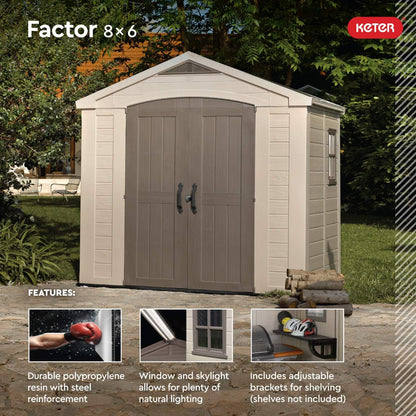 Keter Factor (8x6 ft) Large Resin Outdoor Storage Shed for Patio Furniture, Lawn Mower, Garden Accessories Yard Tools, and Pool Toys, Taupe