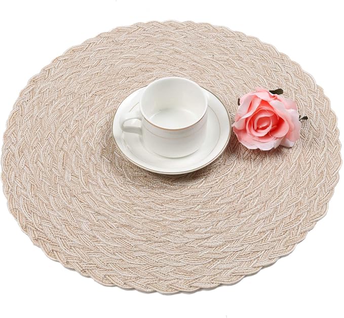 SHACOS Round Braided Placemats 15 inch Set of 4 Boho Woven Washable Kitchen Table Placemats for Home Wedding Party (T-Beige, 4)