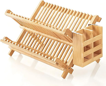 QUEENKAY Dish Drying Rack Collapsible 2-Tier Bamboo Dish Rack for Kitchen Counter Wooden Dish Drainer with Foldable Space-Saving Design for Dishes, Plates, and Cups