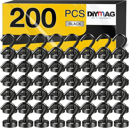 DIYMAG Magnetic Hooks, 30Lbs Strong Heavy Duty Cruise Magnet S-Hooks for Classroom, Fridge, Hanging, Cabins, Grill, Kitchen, Garage, Workplace and Office Etc, (200Pack-Black),Screw in Hook