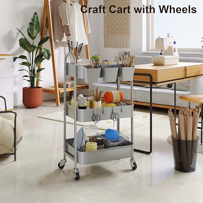 3 Tier Gray Metal Rolling Cart, Mesh Storage Cart with Handle and Lockable Wheels, Multifunctional Three Tiered Utility Organizer Carts for Kitchen, Office, Bathroom, Craft, Art, Snack, Baby Supplies