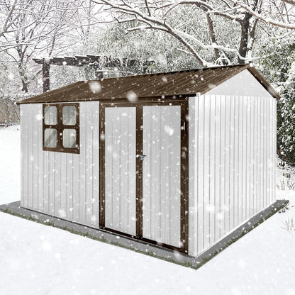 8x10 FT Outdoor Storage Shed, Metal Garden Shed with 4-pane Window, Outside Tool Shed with Lockable Hinged Doors & 4 Air Vents, Waterproof Storage Building for Backyard, Patio, Lawn, White+Coffee