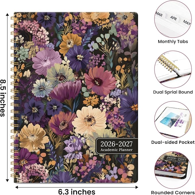 Planner 2026-2027, Academic Year Monthly & Weekly Planner Caledndar, July 2026 - June 2027, Hardcover Large Planning Agenda Book with Tabs for School Office Supplies, 6.3" x 8.5" - Midnight Bloom