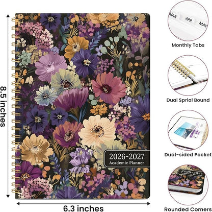 Planner 2026-2027, Academic Year Monthly & Weekly Planner Caledndar, July 2026 - June 2027, Hardcover Large Planning Agenda Book with Tabs for School Office Supplies, 6.3" x 8.5" - Midnight Bloom