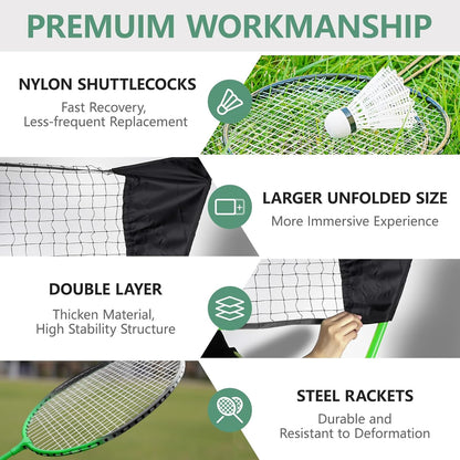 FBSPORT Badminton Set, Badminton Sets for Backyards, Portable Badminton Net Set with 2 Badminton Rackets 2 Shuttlecocks,10x5ft Net, Storage Base, Easy Setup for Backyard Combo Complete Badminton Set