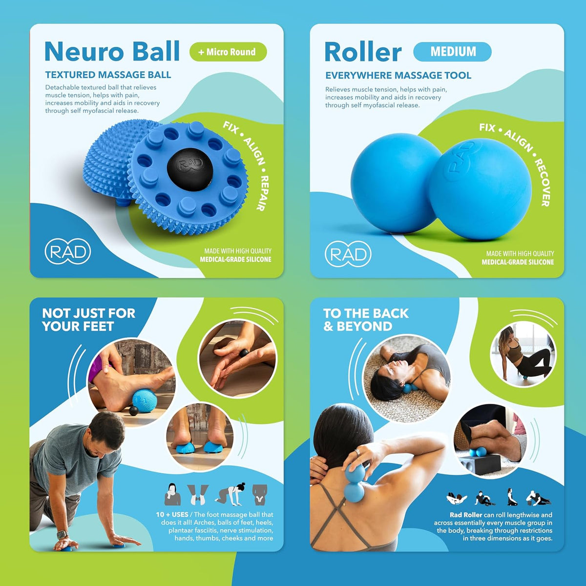RAD Back Relief Massage Set – Myofascial Release Bundle for Back Pain, Muscle Recovery, and Mobility - Includes Exercise Foam Rollers, XL Peanut Massage Ball, and Neuro Ball Foot Roller