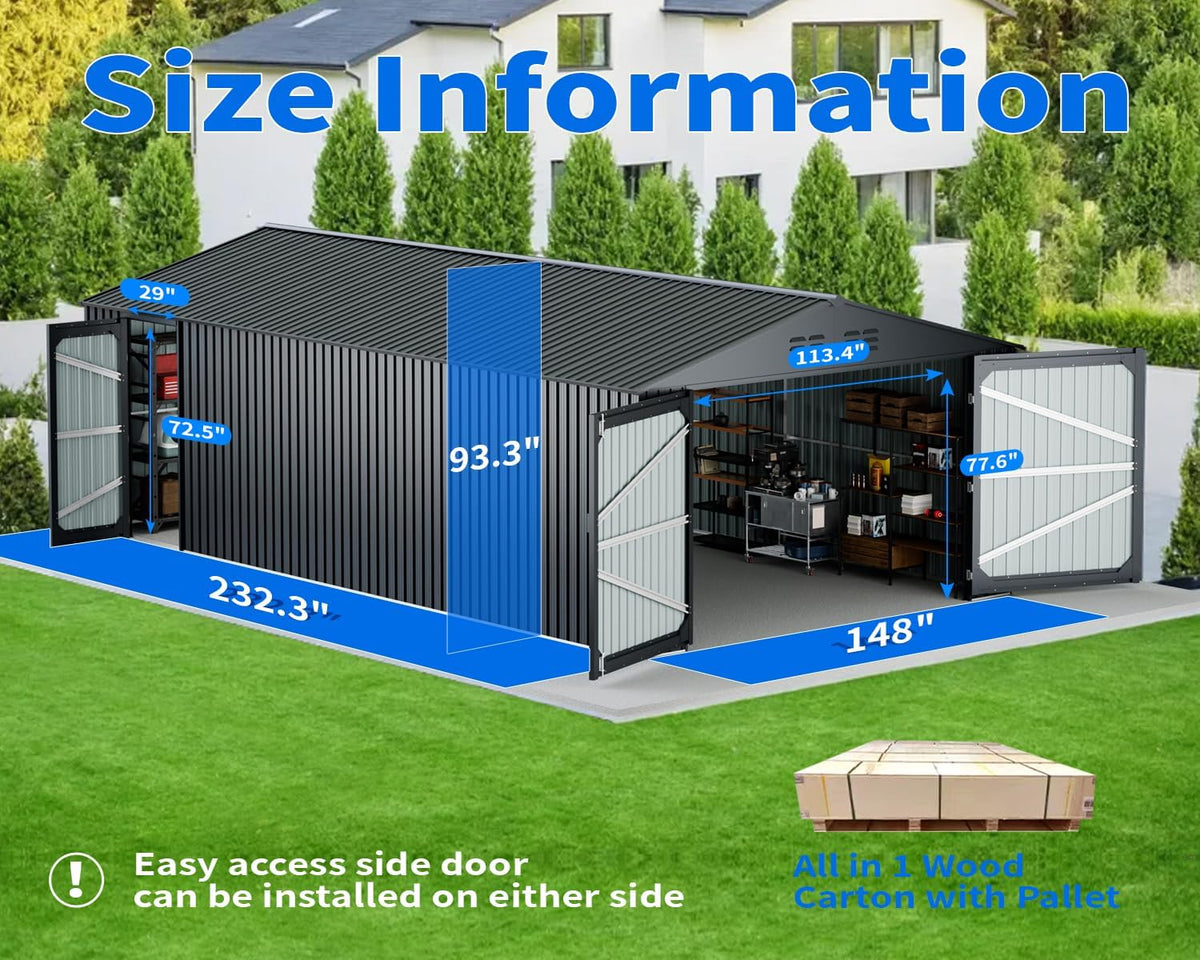 20 x 13 FT Outdoor Storage Shed, Metal Garage Shed with 2 Lockable Doors, Large Metal Building with 4 Air Vents, Galvanized Steel Prefab Storage House for Car, Truck, Bike, Tool, Dark Gray (Upgrade)