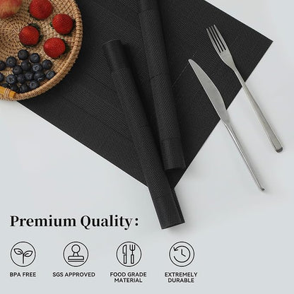 Leetaltree Black Frame Placemats Set of 8 - Heat Resistant Non-Slip Place mats for Dining Table, Washable Durable PVC Vinyl Woven Table Mats（Black Frame, 8）