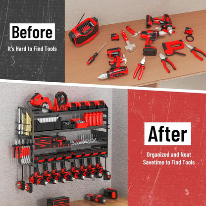 Power Tool Organizer Wall Mount, Metal 4 Layer Heavy Duty Metal Power Tool Storage Rack, Garage Drills Storage Shelves with Screwdriver Holder Plier Holder (Black, 8 Drills Holder)
