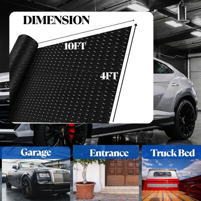 BESEA 4 x 10 FT Garage Floor Mat, Heavy Duty Diamond Plate Rubber Parking Mat – Waterproof, Oil-Resistant, Anti-Slip Flooring Roll for Under Car, Home Garage or Workshop,1/8" Thick