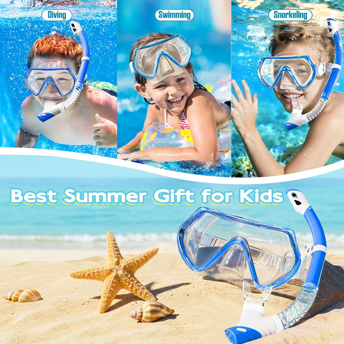Snorkeling Gear for Kids, Kids Snorkel Set for Ages 3-14, Anti-Fog Diving Mask and Dry Top Snorkel Combo Set, Unisex Swimming Goggles