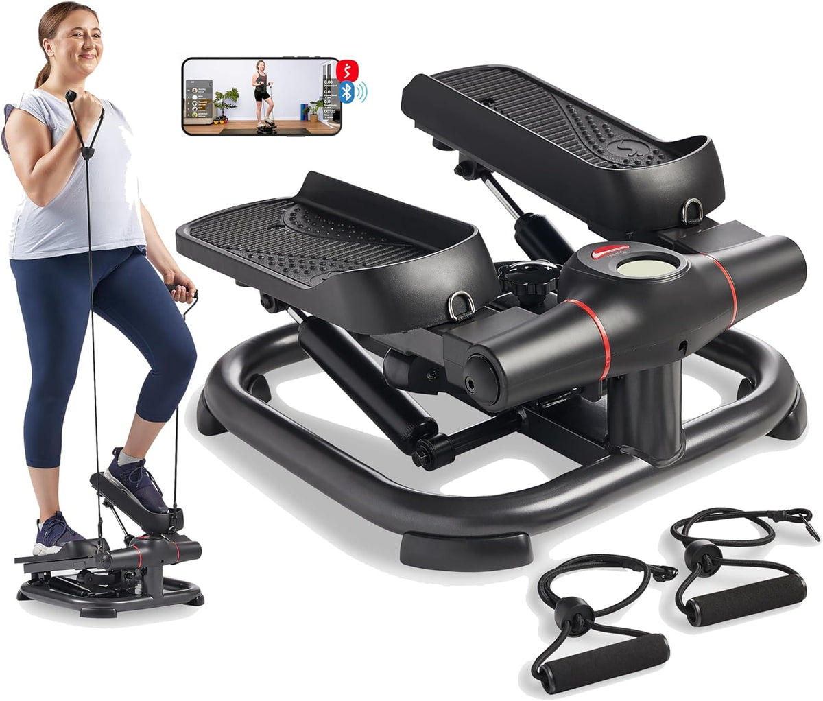 Sunny Health & Fitness 2-in-1 Premium Power Stepper with Resistance Bands, Low-Impact Cardio, Space-Saving, Height-Adjustable, with Enhanced Bluetooth Connectivity with Free SunnyFit App
