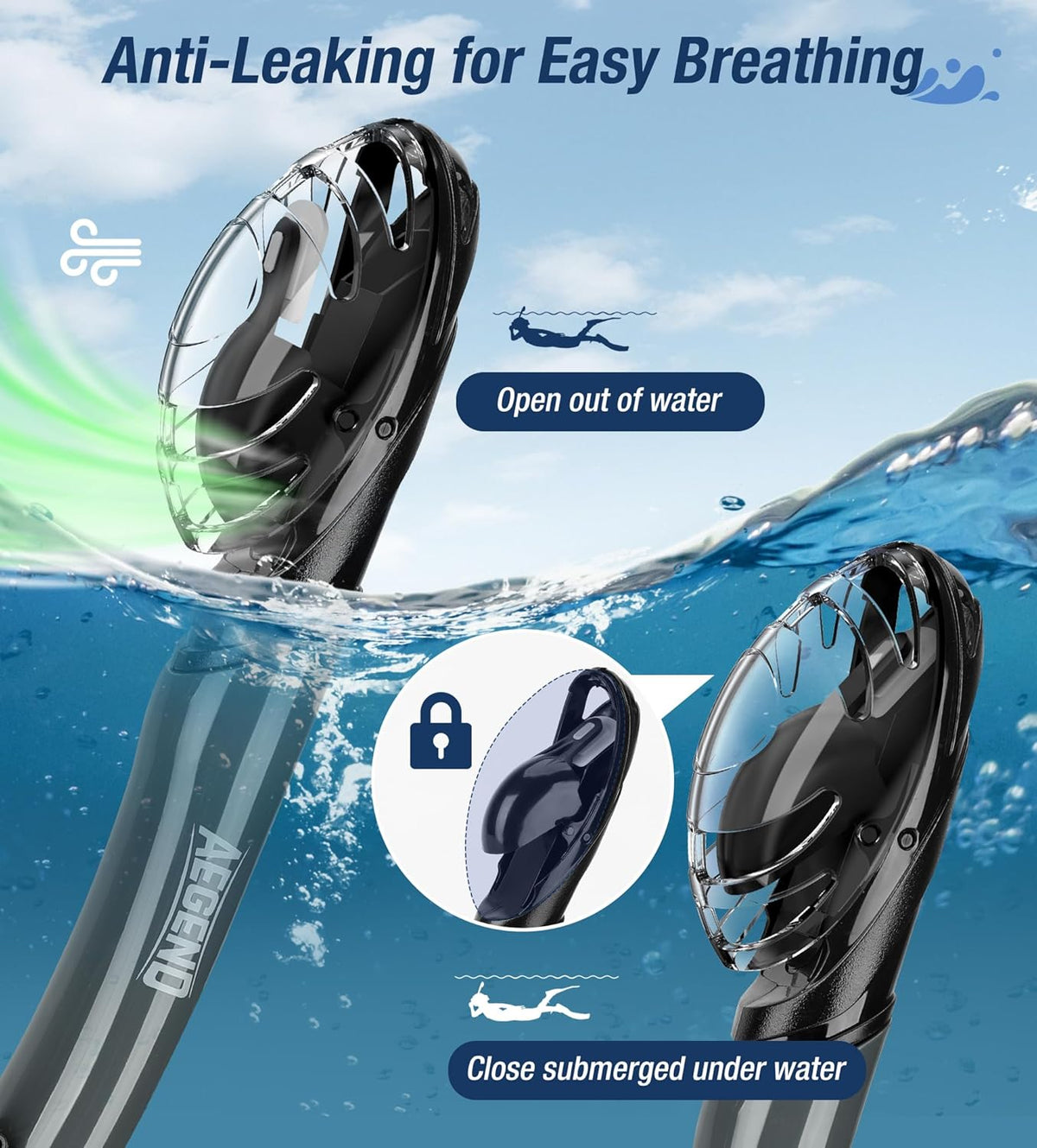 Aegend Dry Snorkel, Dive Mask Easy-Breath Free Diving Snorkel for Snorkeling Scuba Diving Freediving Swimming, with Top Dry Valve and Food-Grade Silicone Mouthpiece