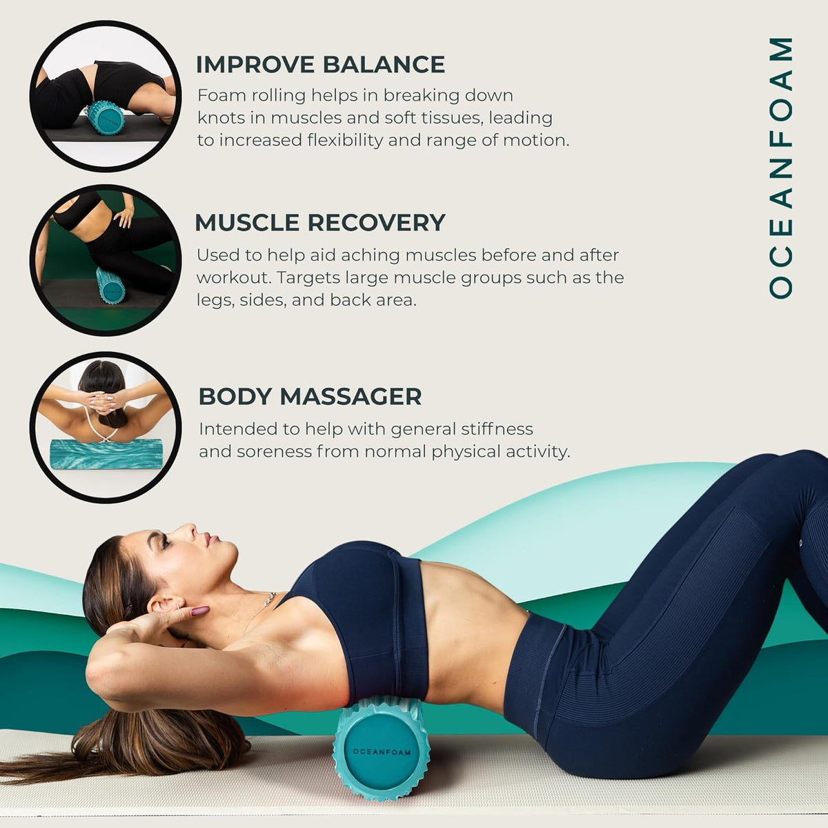 Oceanfoam Tidal Roller - Jade & Seafoam Marbled - Muscle Massage Foam Roller for Back Pain & Stretching - Firm and Ergonomic Wide Wave Textured - Yoga, Athletics, & Wellness - Full Size, 20" x 5"