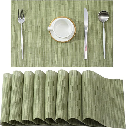 Leetaltree Pea Green Placemats Set of 8 - Heat Resistant Non-Slip Place mats for Dining Table, Washable Durable PVC Vinyl Woven Table Mats（Pea Green, 8）