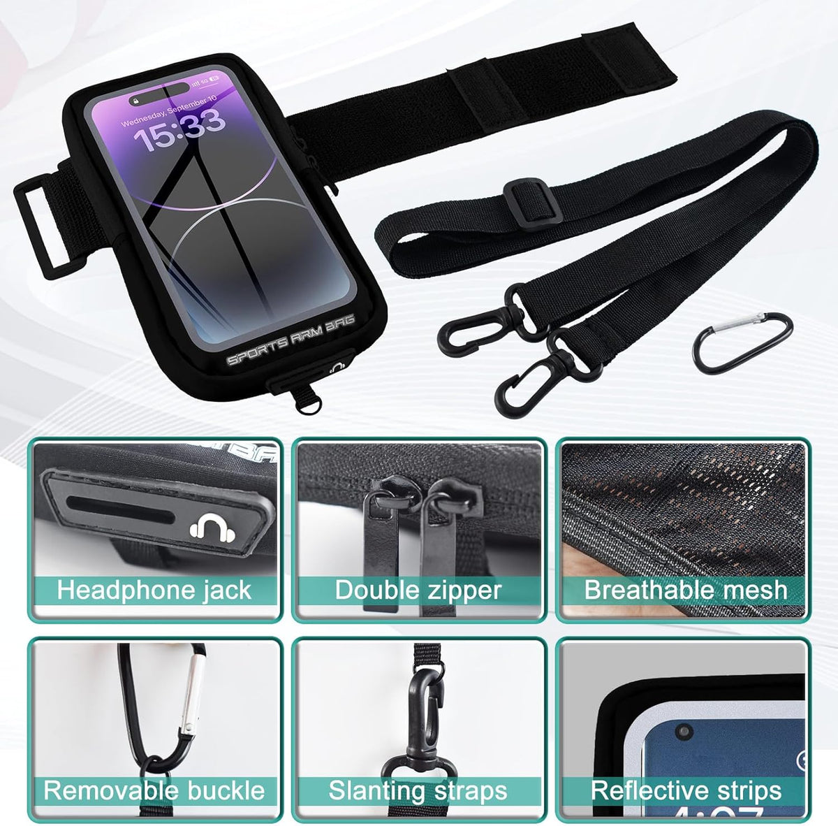 Phone Holder for Running, Running Armband Phone Holder with Carabiner, Phone Armbands for iPhone 16 15 14 13 12 11Pro Max & Galaxy S25/S24/S23, Cell Phone Armband Up to 6.8'' Phone (Black)
