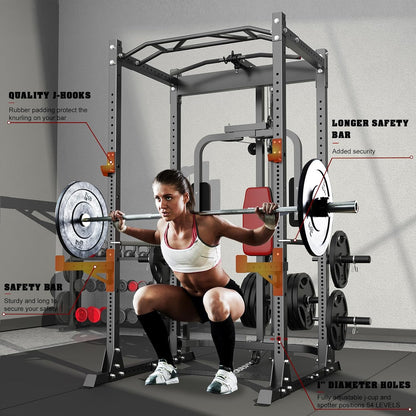 BEKING Power Cage, 2000LBS Power Squat Rack with LAT Pulldown, 2.36" ×2.36" Multi-Functional Squat Cage with Pulley System and More Training Attachments for Home Gym