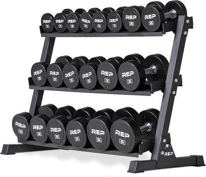 REP Fitness Urethane Coated Round Dumbbells, 5 to 100 lbs, Singles or Pairs, With or Without Rack, Steel Core, Rubber Encased, Chrome Handles, Professional Weights for Home Gym Strength Training