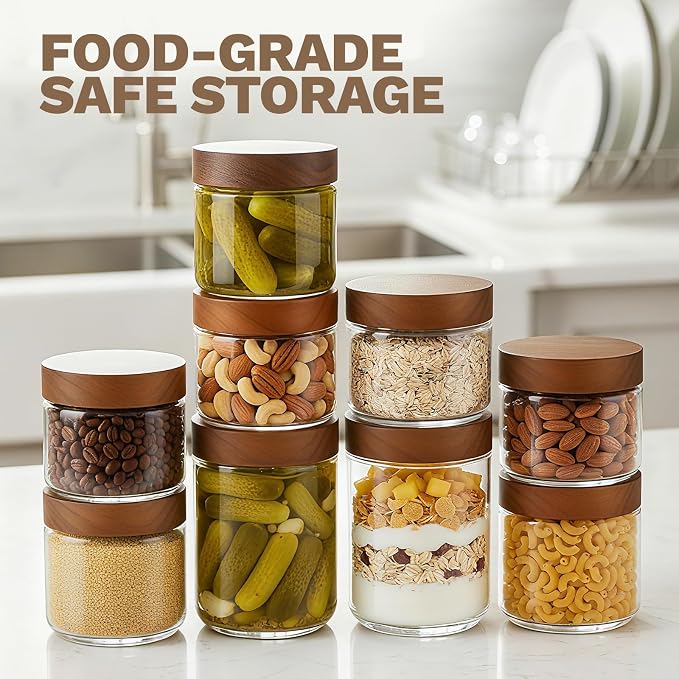 Bumobum 16 oz Overnight Oats Containers with Lids, Glass Mason Jars with Acacia Wood Airtight Lid, Wide Mouth Glass Canisters for Food Storage Chia Pudding Snacks Yogurt Spice Meal Prep, 12-Pack