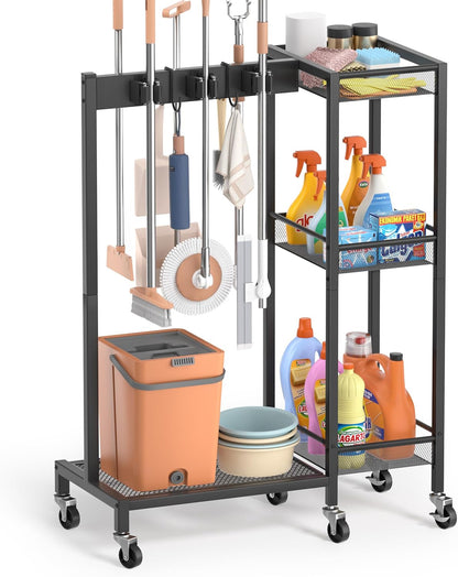 Broom Holder with Cleaning Supplies Organizer, Broom Closet Storage Cabinet with Cleaning Caddy, Cleaning Cart with Mop Hanger Gripper Rack Hooks,Janitorial Cart,Utility Carts Household Essentials