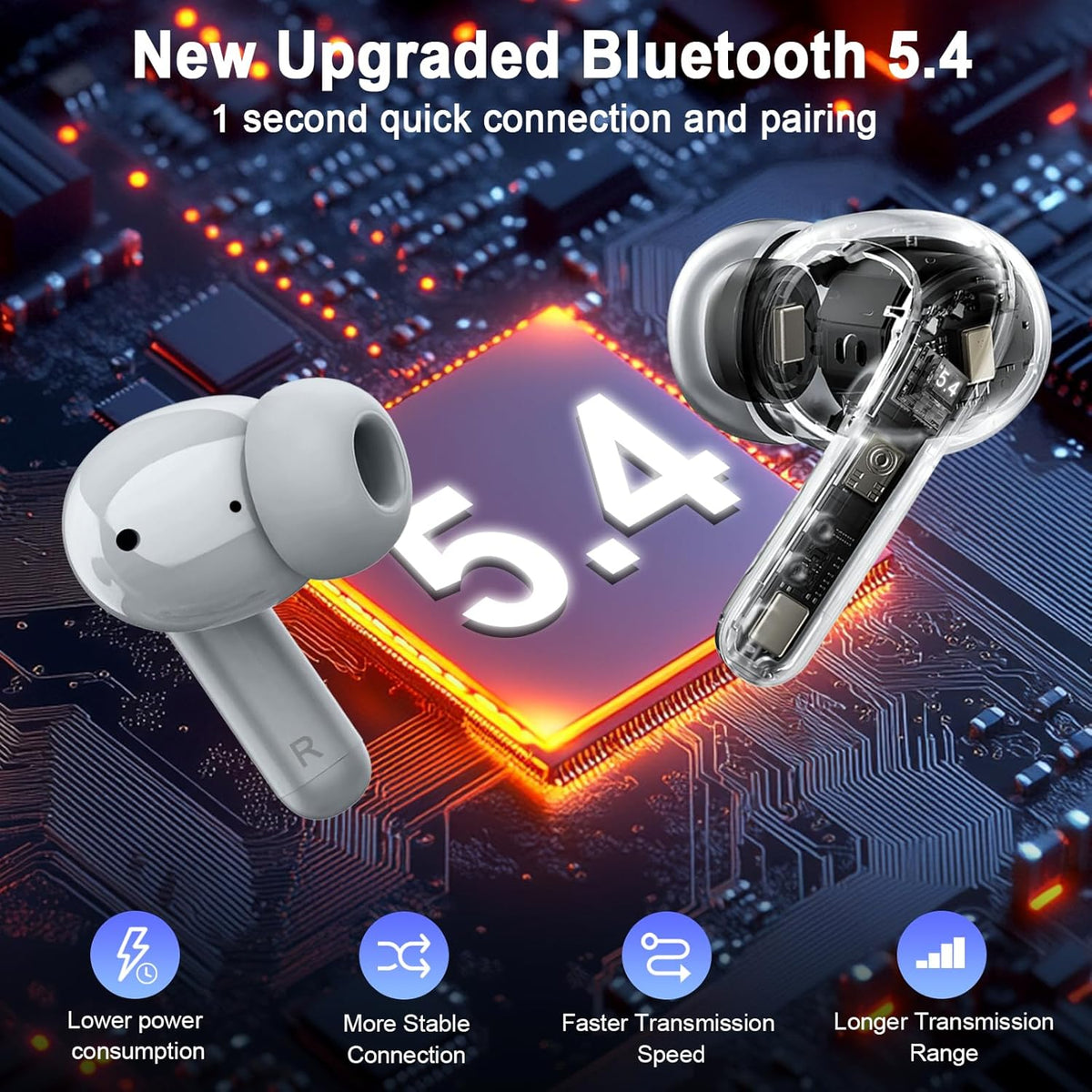 Wireless Headphones, 2025 Bluetooth 5.4 Earbuds 3D Hi-Fi Stereo Bass Ear Buds, 4 ENC Noise Cancelling Mic, 40H in-Ear Earphone Sport, IP-X7 Waterproof Workout Gym for Android iOS Laptop Pad