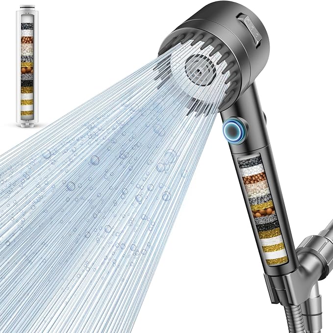 Filtered Shower Head with Handheld, High Pressure 5-Spray Shower Head with Filters for Hard Water, ON/OFF Switch Showerhead for Pets Bath, Shower Heads Filter - Remove Chlorine, Improve Skin and Hair