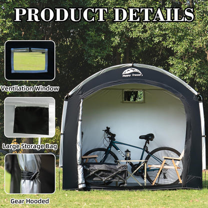 Happy Travel Bike Storage Tent Shed, Outdoor Waterproof Bicycle Covers Shelter with Window for 2/4/6/8 Bikes,Oversized Outside Portable Sheds for Lawn Mower,Garden Tools (Black)